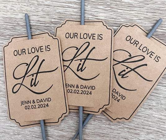 Sparklers for Wedding, Personalized Sparkler Tags, Our Love is Lit Sparkler Tags