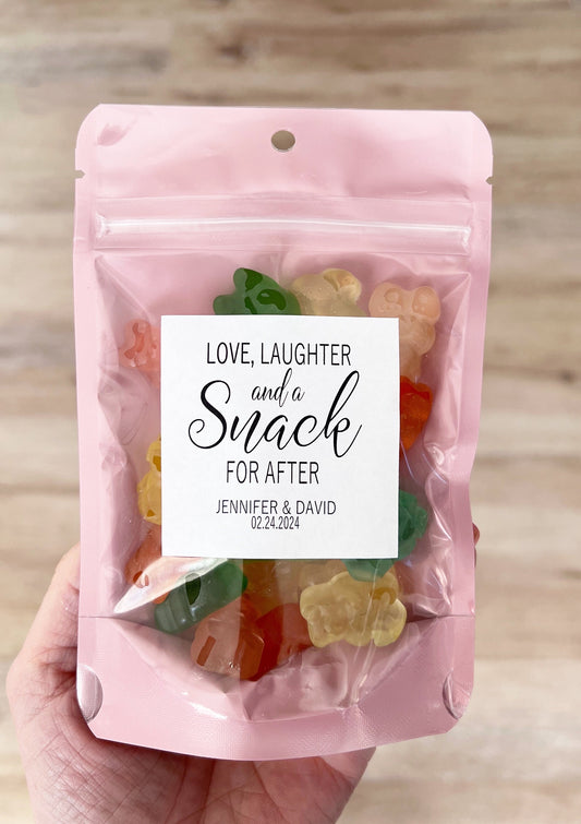 Wedding Favor Bags & Stickers – Love, Laughter, and a Snack for After | Stand-Up Zip Pouches & Wedding Snack Bags