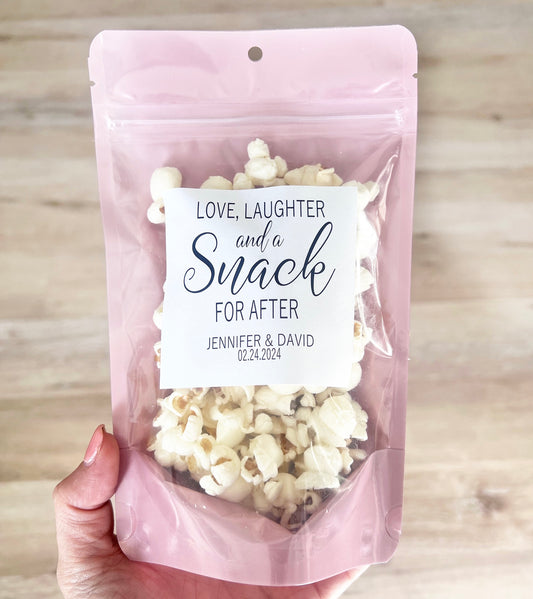 Wedding Treat Bags & Stickers – Love, Laughter, and a Snack for After | Wedding Favor Bags | Stand-Up Zip Pouches